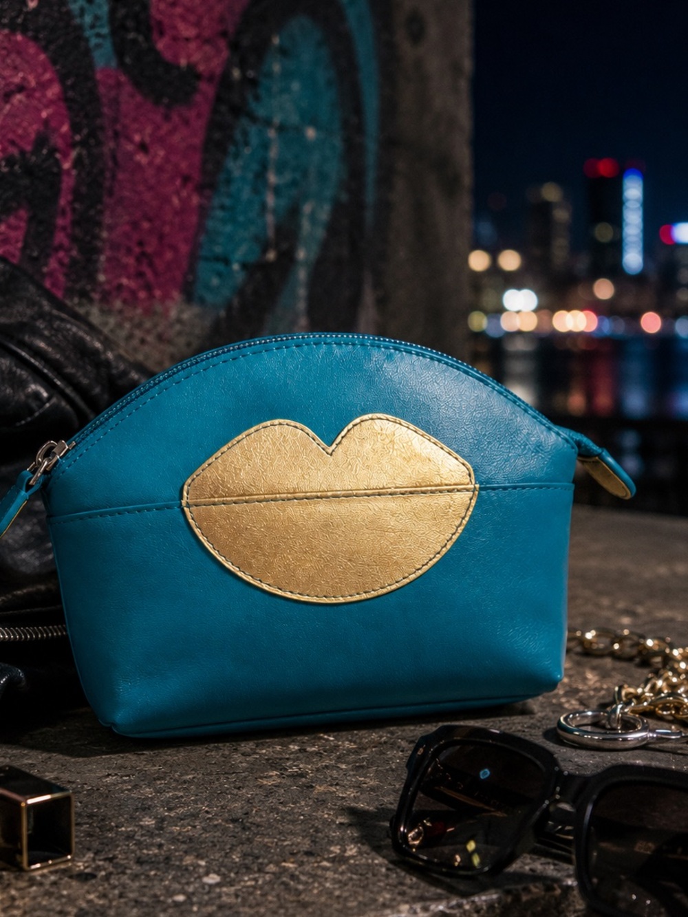 ili New York Teal Leather Lip Cosmetic Pouch Gold Metallic Makeup Bag
